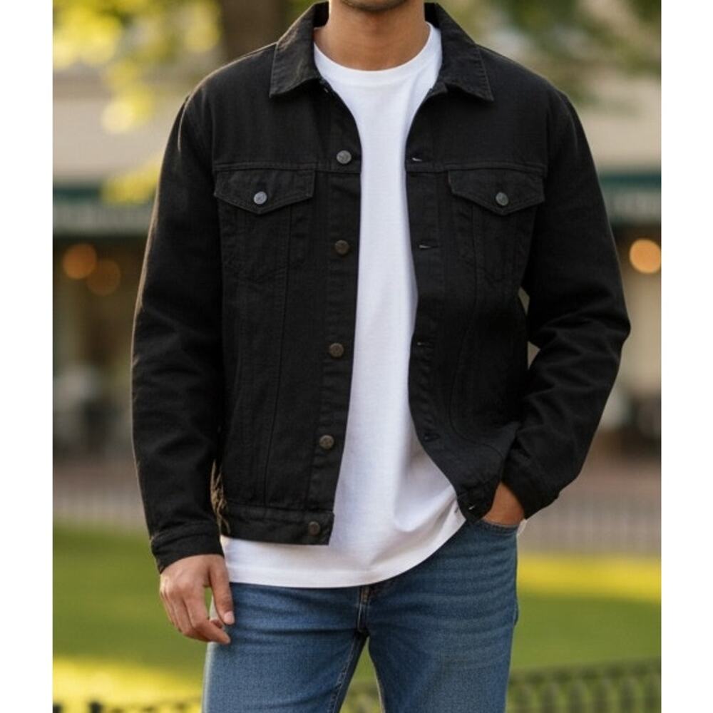 Men's Black Jean Jacket Sz Medium Activewear Trucker Intempo Long Sleeve Goth